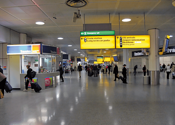 A typical large circulating area of an Arrivals Hall at London’s Heathrow Airport.