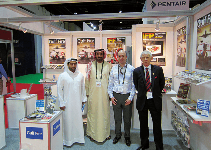 Left to right: DCD Colonel Ali Almutawa and Major General Matroushi FIFireE, Director General of DCD, pictured with Gulf Fire’s Dave Staddon and Neil Wallington on the MDM Stand during Intersec 2016.