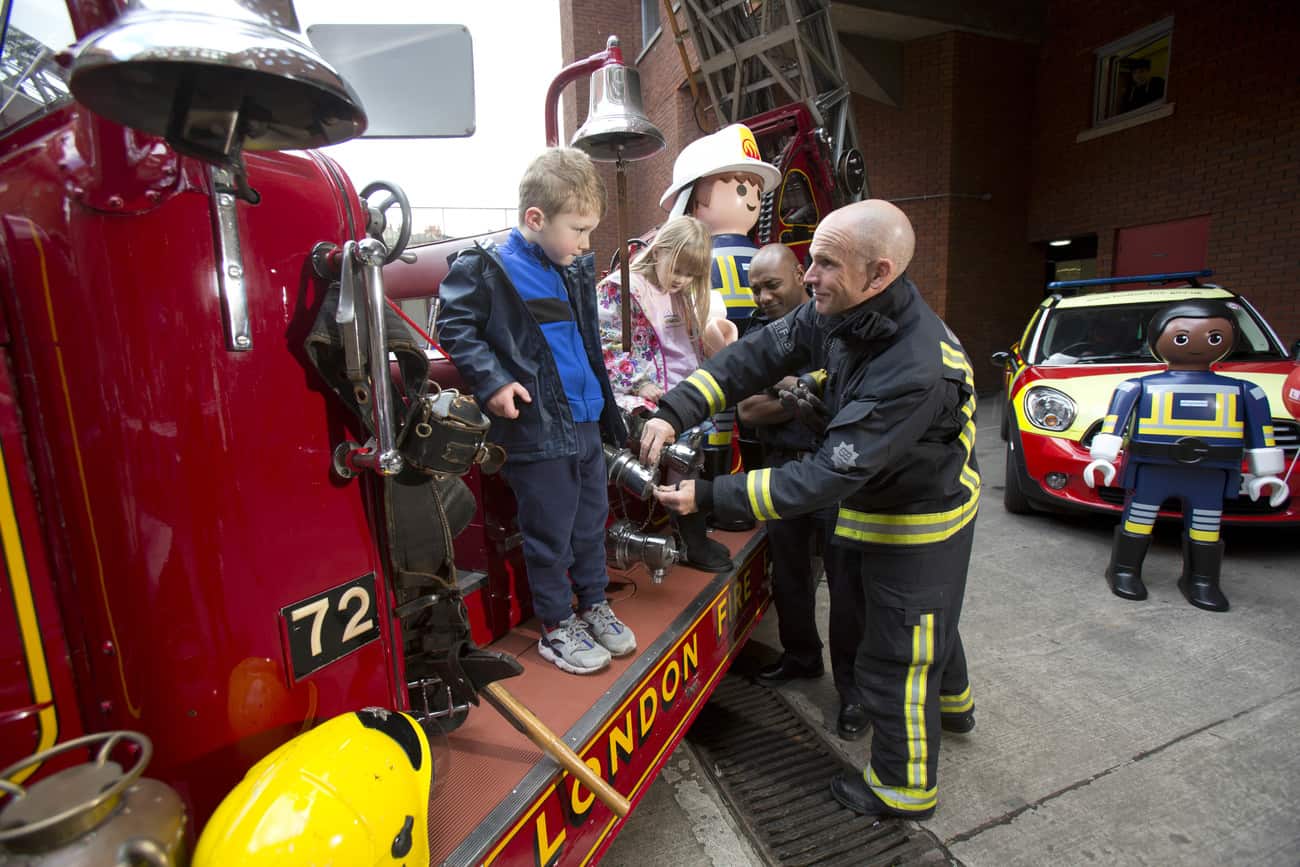 Playmobil partners with London Fire Brigade (LFB) to celebrate their 150th anniversary at Soho Fire Station yesterday (9th April, 2016) LFB firefighters use Playmobil toys and vintage engines to teach kids about fire safety at the launch of the BrigadeÕs 150th anniversary open days PIX:TIM ANDERSON