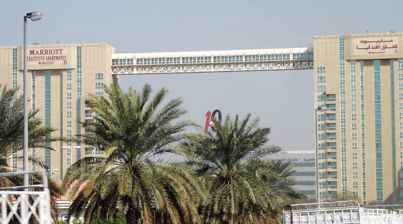 Twin Tower block development linked by skywalk.