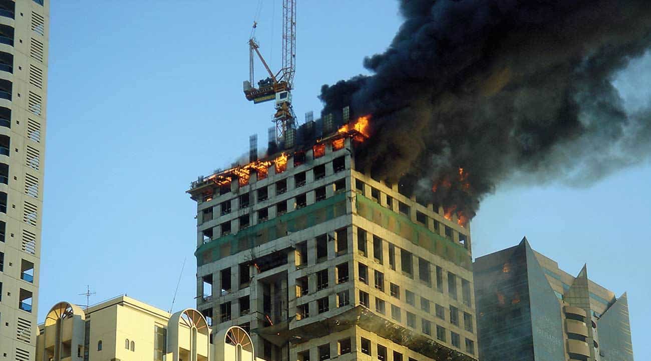 A serious outbreak of fire in a tall tower under construction in Dubai.