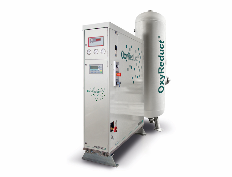 The OxyReduct® oxygen reduction system generates nitrogen from the ambient air for active fire prevention. The degree to which the oxygen level in the protected area must be reduced with the inert gas depends on the critical materials stored there. (WAGNER Group)