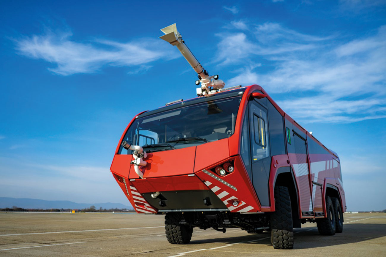 ARFF airport firefighting vehicle from S TEMPERA with FireDos front and roof monitor. Images supplied by Author / Contributor