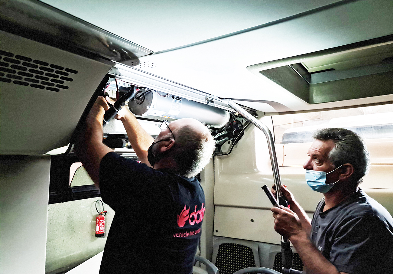 Install of a Dafo fire suppression system into an electric bus.